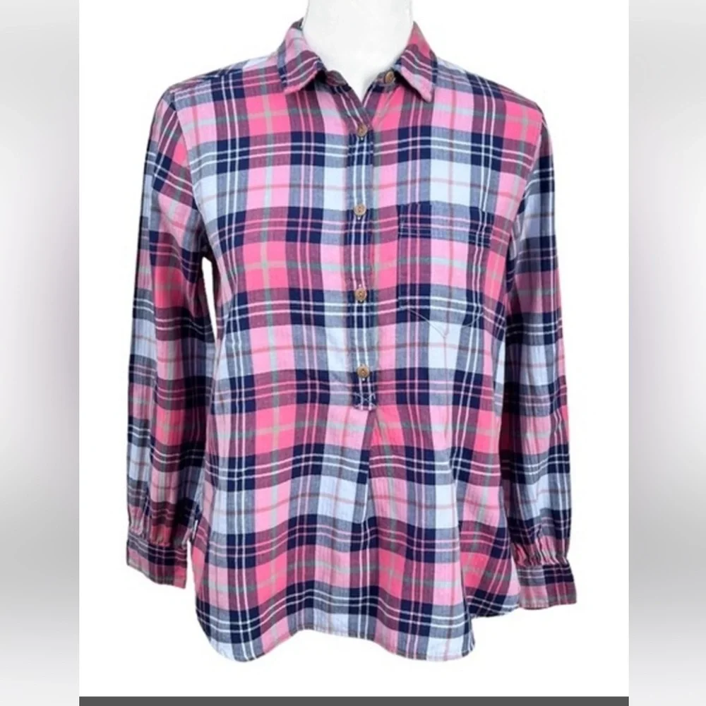 J. Crew Women’s Popover Top Plaid Long Sleeve Half Button Front Size Small EUC